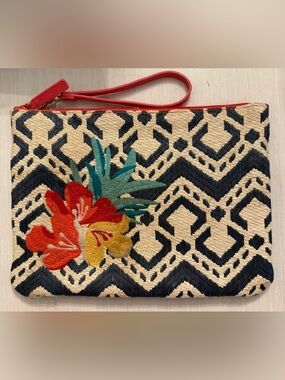 Vera Bradley Tropical Woven Floral Embroidered Wristlet Clutch Red Accent Rio